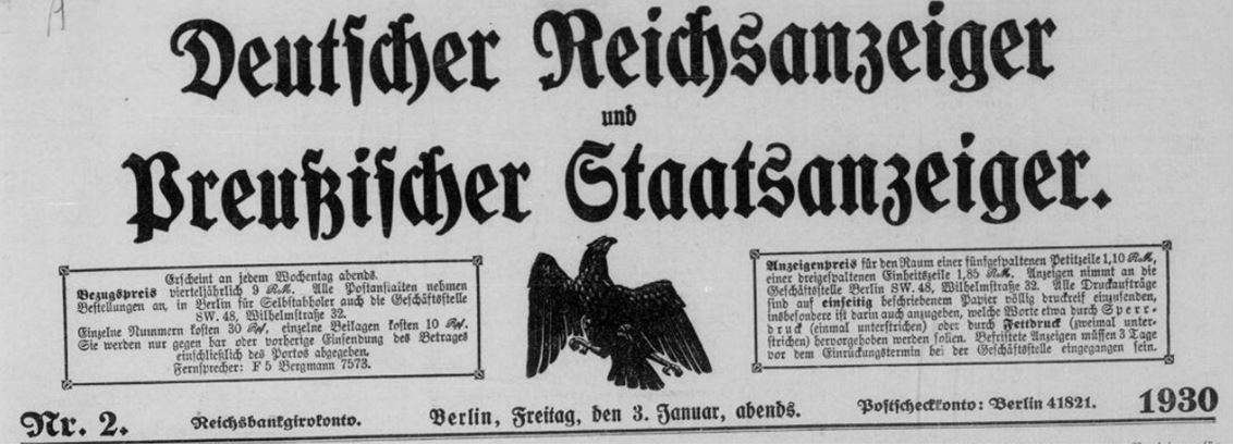 02_Deutscher Reichsanzeiger_1930_01_03_Nr002_p01_Titelvignette